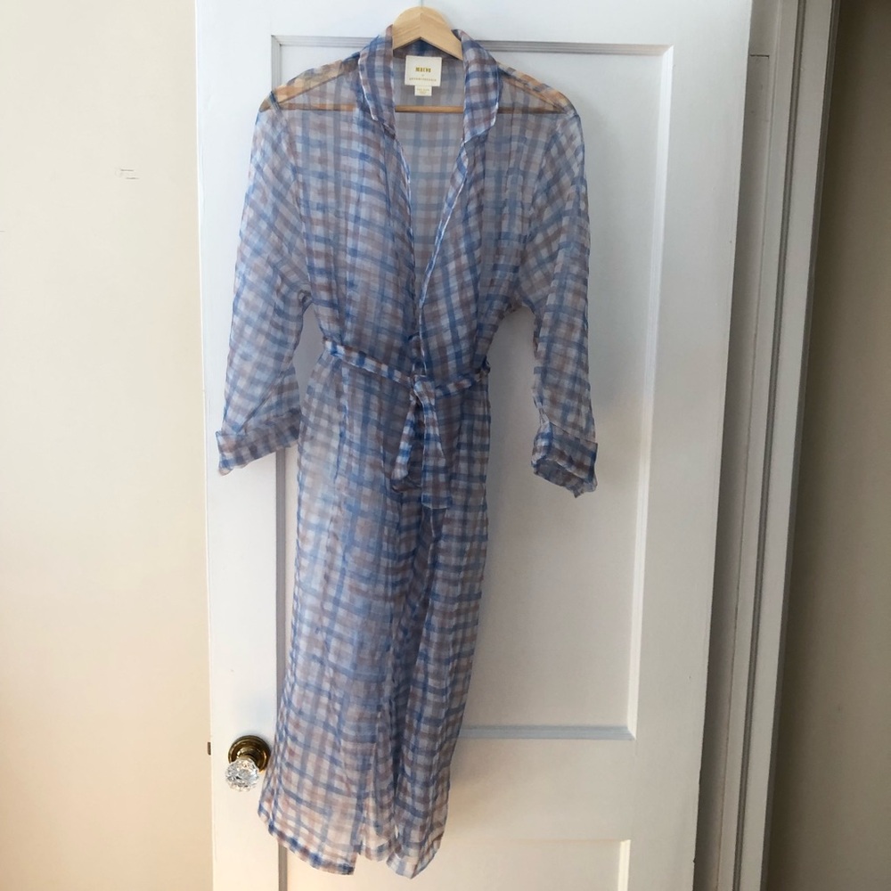 Anthropologie Sheer Plaid Wrap Tunic in Blue and Beige - Picture 2 of 8